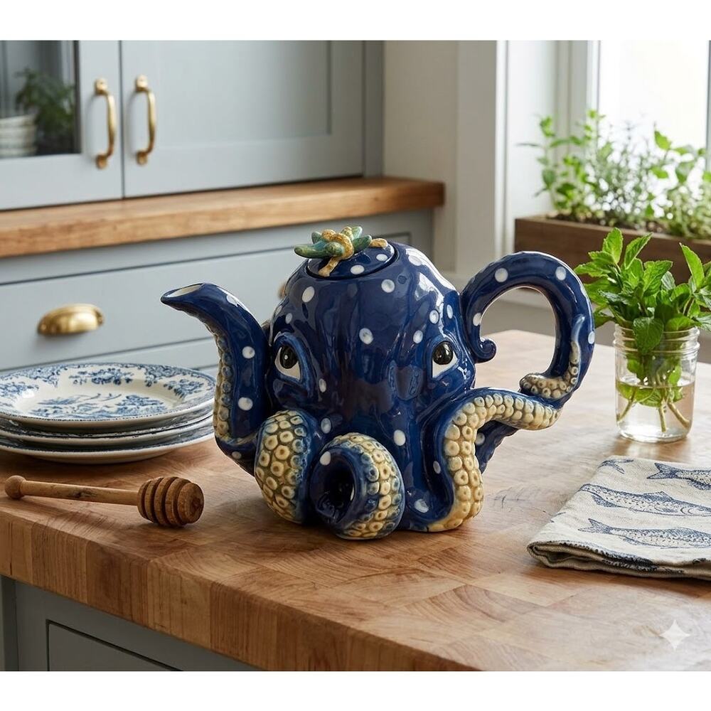 Blue Sky Claywork Blue Octopus Ceramic Teapot Polka Dot Nautical Coastal Novelty